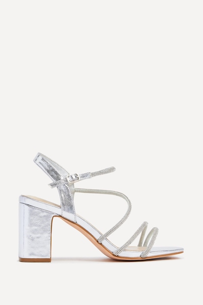 Linzi Kira Silver Faux Leather Strappy Diamante Block Heel