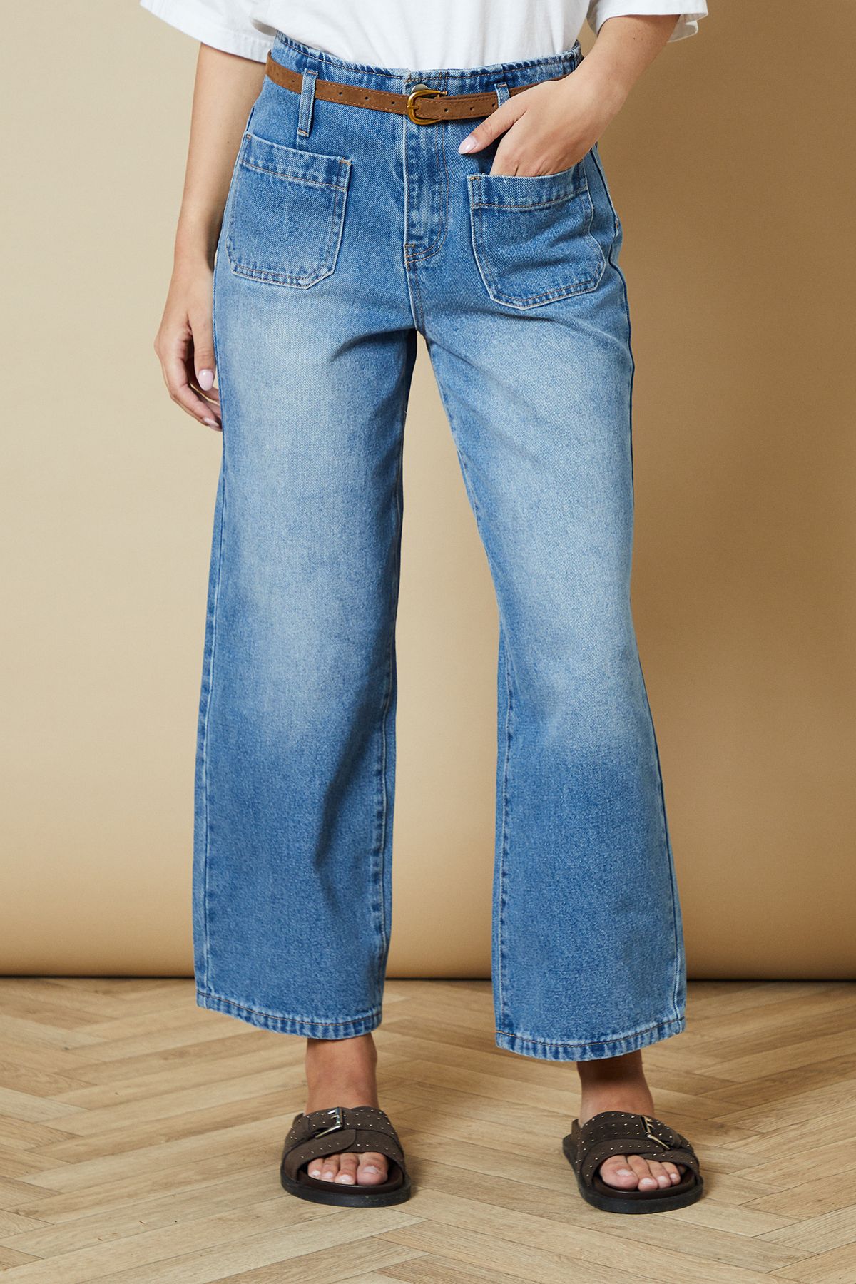 Oasis Belted Cropped Straight Jean Light Wash image 1