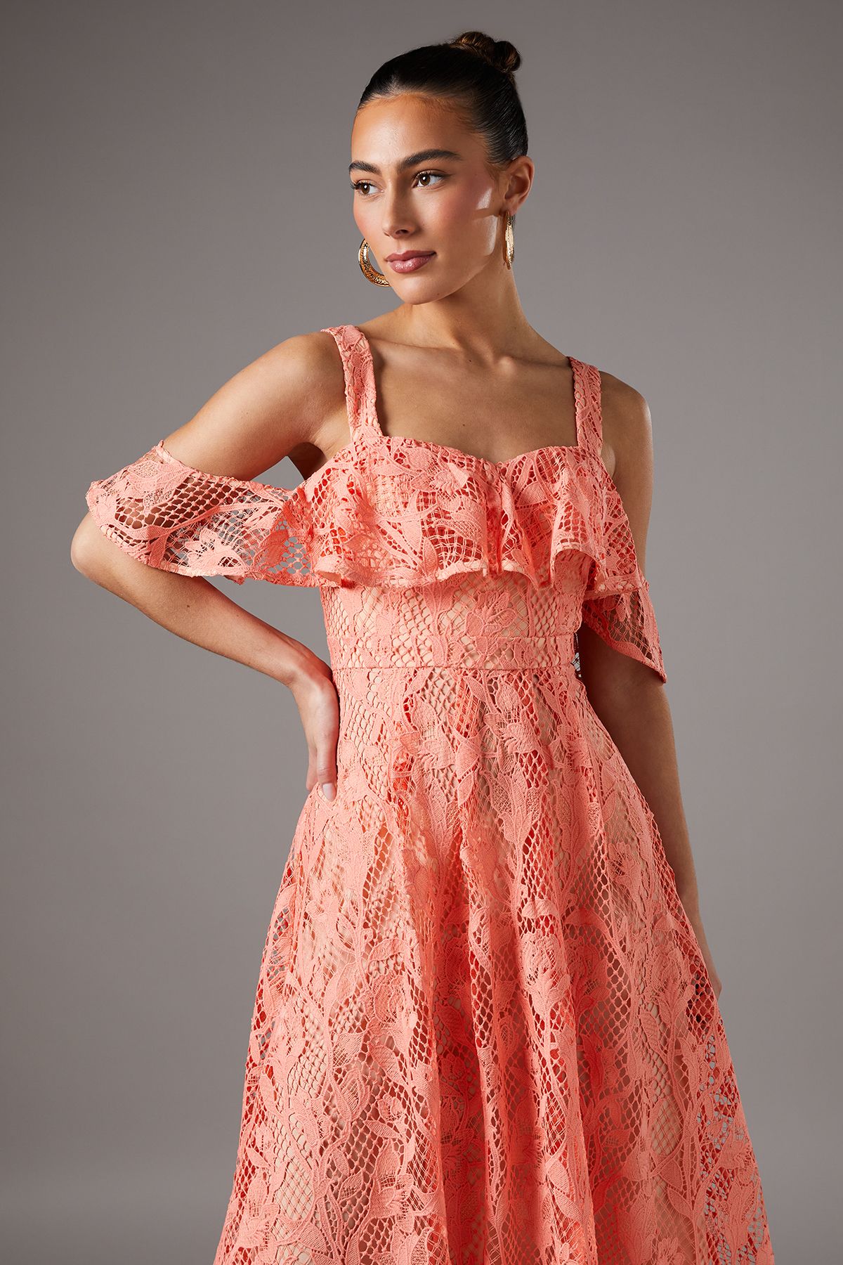 Coast Off The Shoulder Lace Fit And Flare Dress Coral image 2