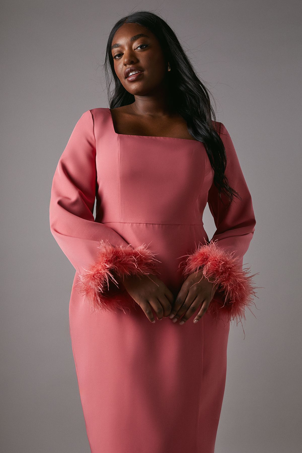 Coast Plus Feather Cuff Long Sleeve Pencil Dress Coral image 2