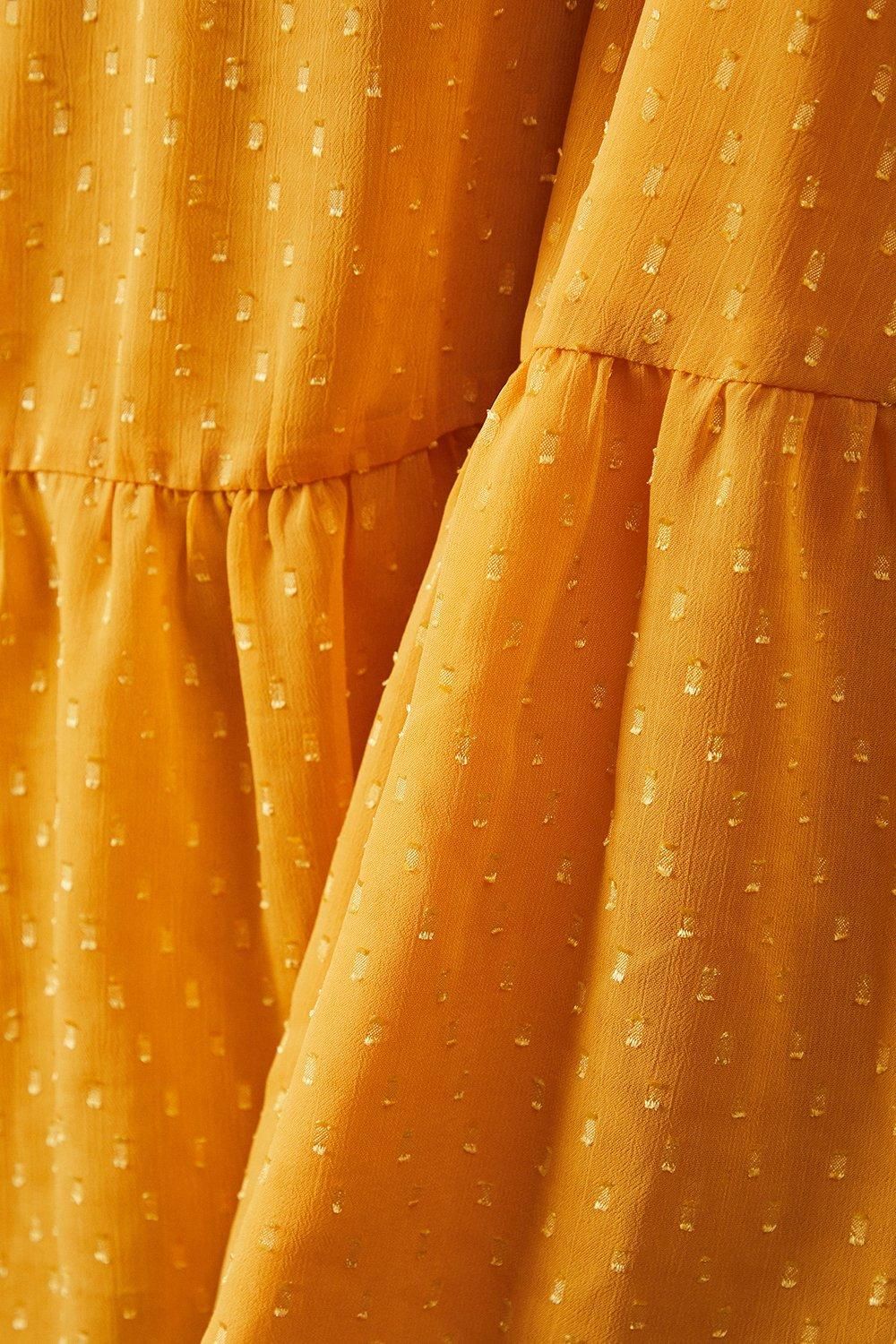 Warehouse Dobby Chiffon Tie Neck Drop Hem Mini Smock Dress Yellow image 5