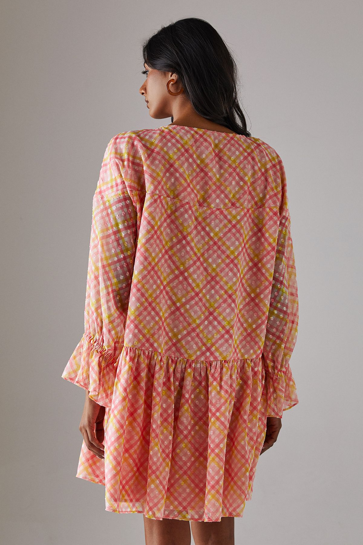 Warehouse Dobby Chiffon Volume Sleeve Smock Mini Dress Multi image 3