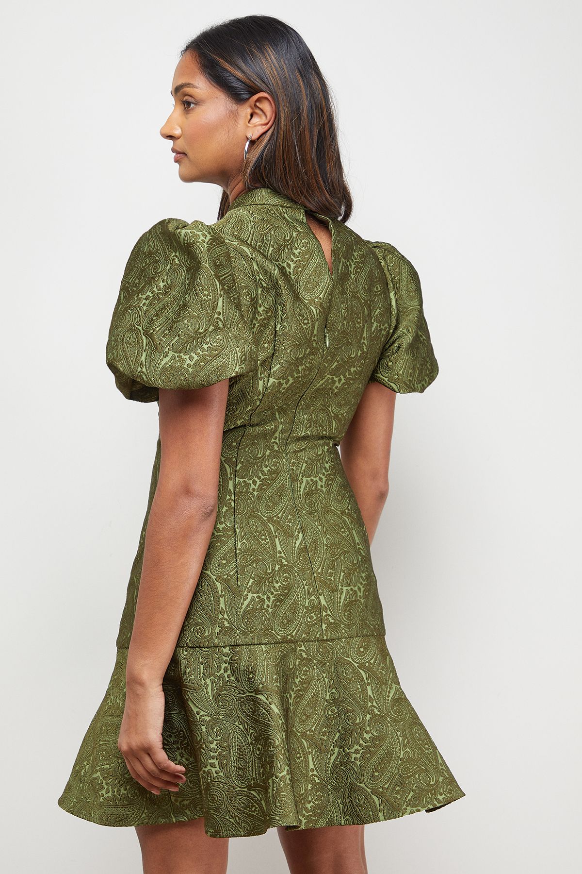 Oasis Paisley Jacquard Puff Sleeve Mini Dress Khaki image 3