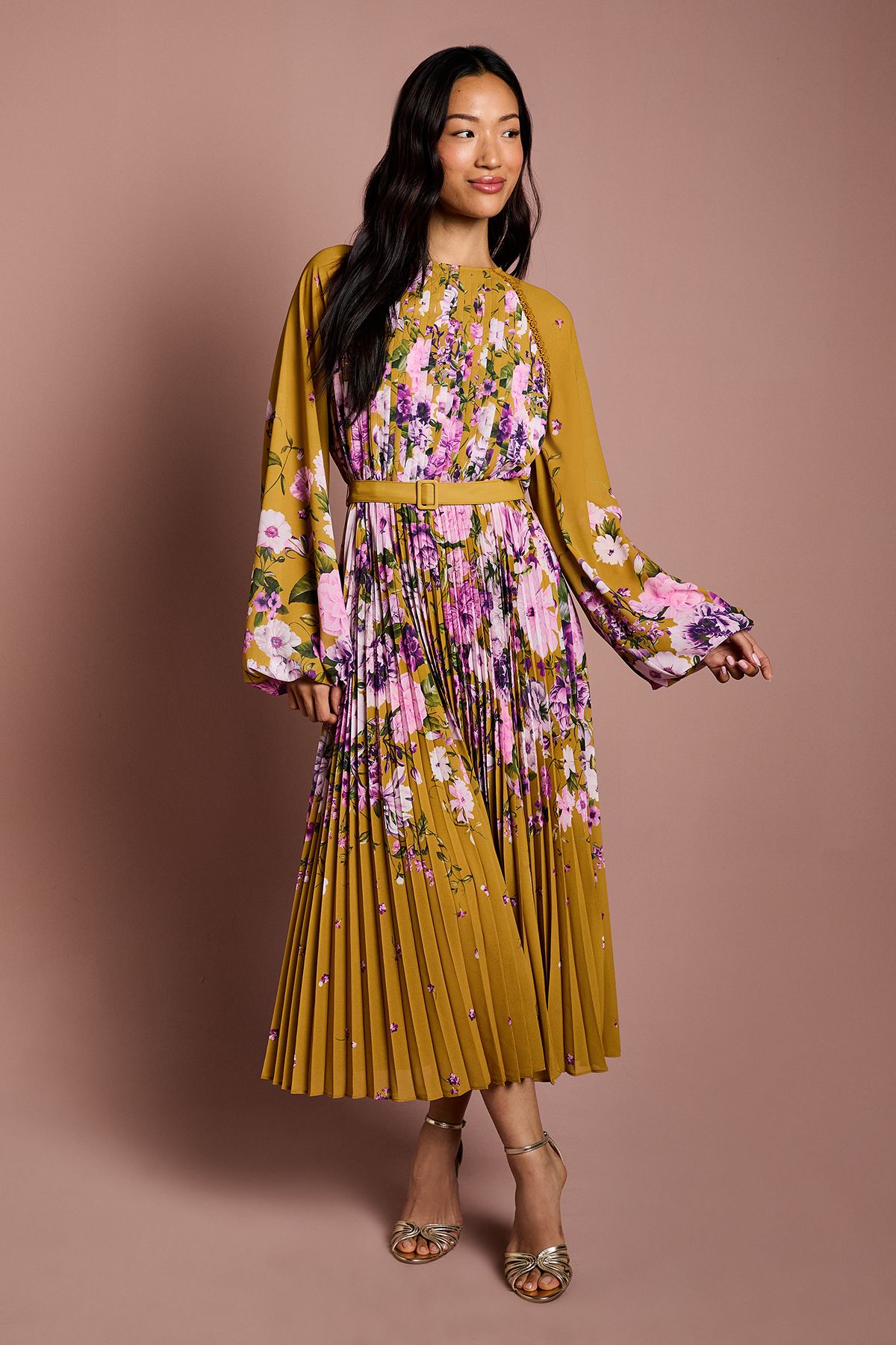 Coast Long Sleeve Floral Pleated Georgette Midi Dress Mustard image 1