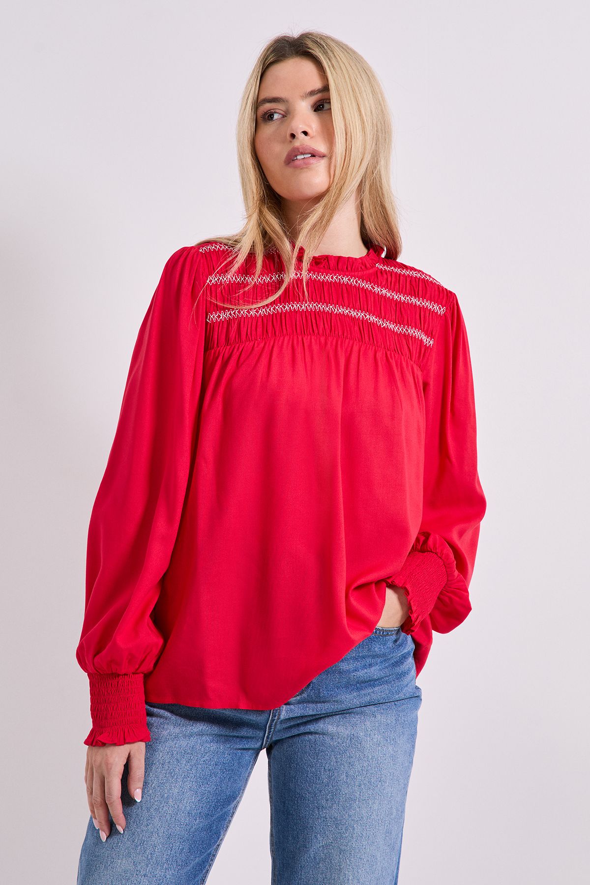 Dorothy Perkins Contrast Stitching Shirred Yoke Long Sleeve Blouse Berry image 4