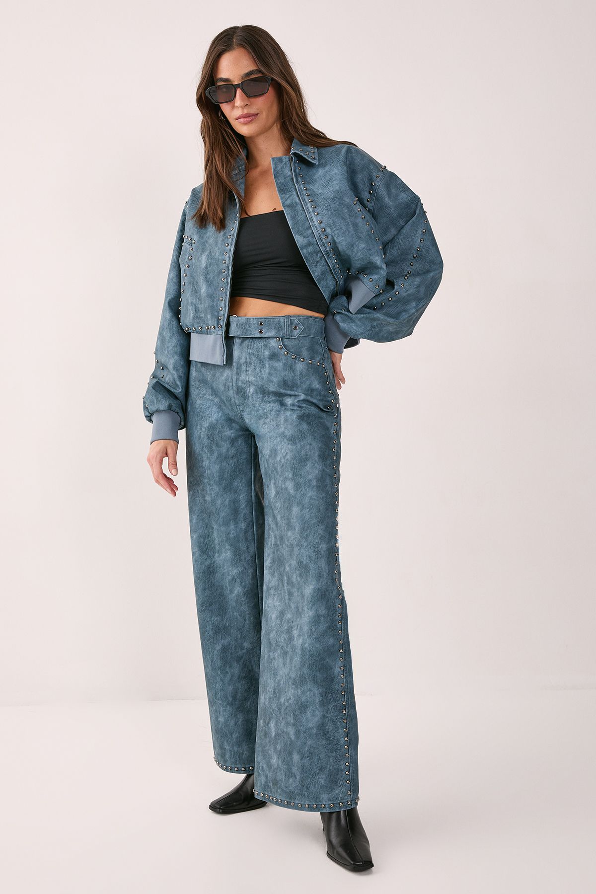 NastyGal Distressed Faux Leather Studded Detail Belted Trouser Blue image 1