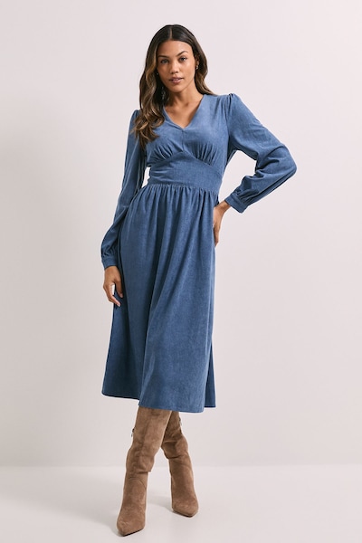 Dorothy Perkins Empire Seam Detail Blouson Sleeve Midi Dress Blue