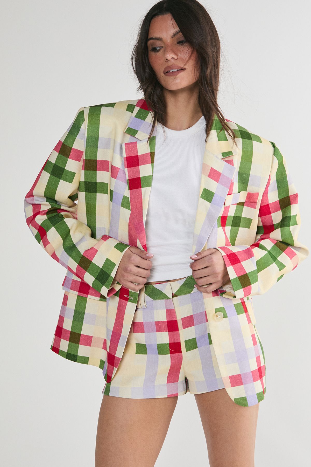 NastyGal Linen Mix Gingham Oversized Blazer Multi image 3