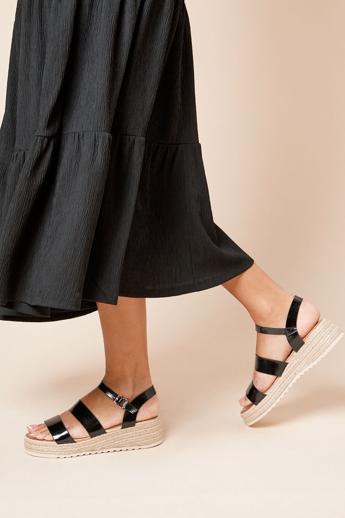 Dorothy Perkins Ringo Faux Leather Double Bar Medium Espadrille Wedge Sandals Black image 3