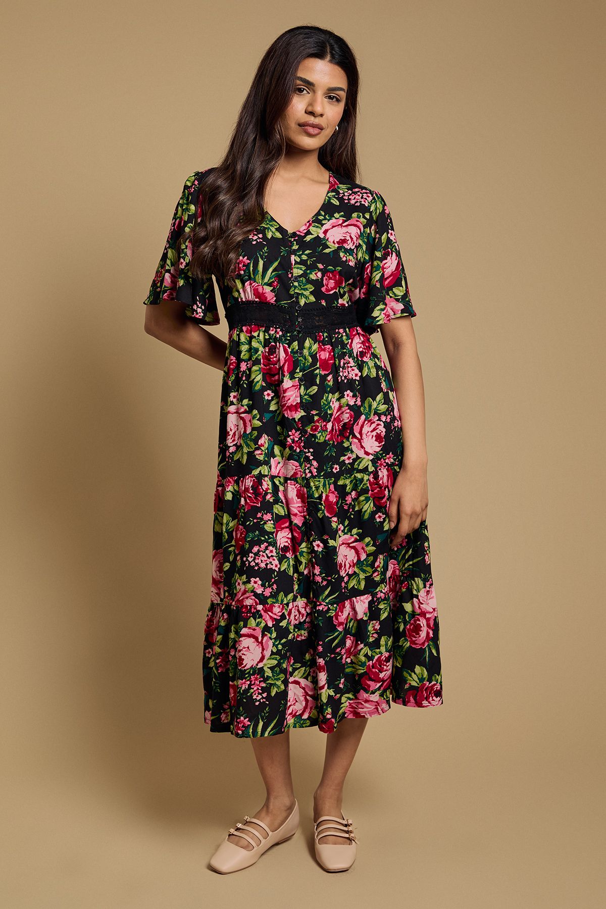 Dorothy Perkins Petite Black Floral Lace Trim Button Detail Angel Sleeve Printed Midi Dress Black