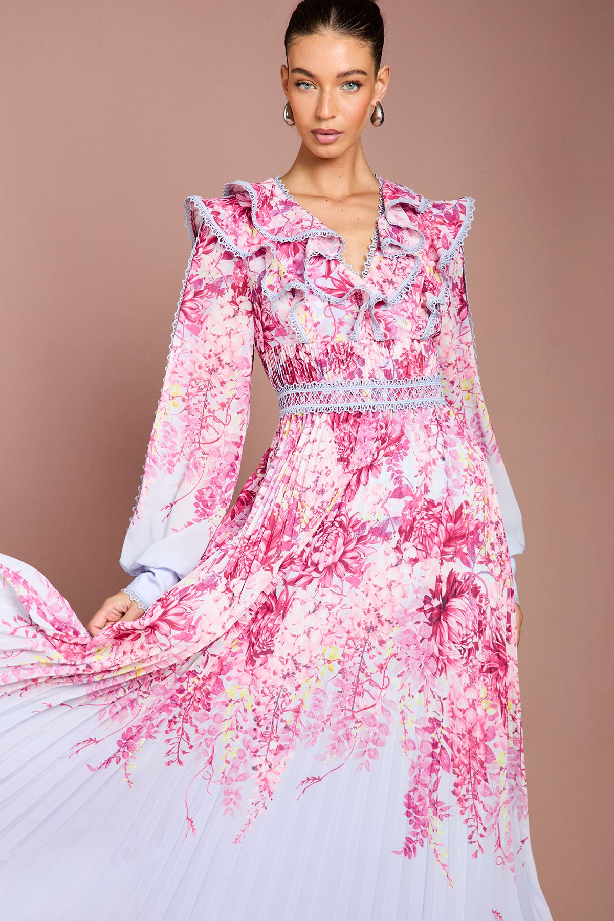 Coast Placement Print Lace Trim Pleated Maxi Dress Blue image 2