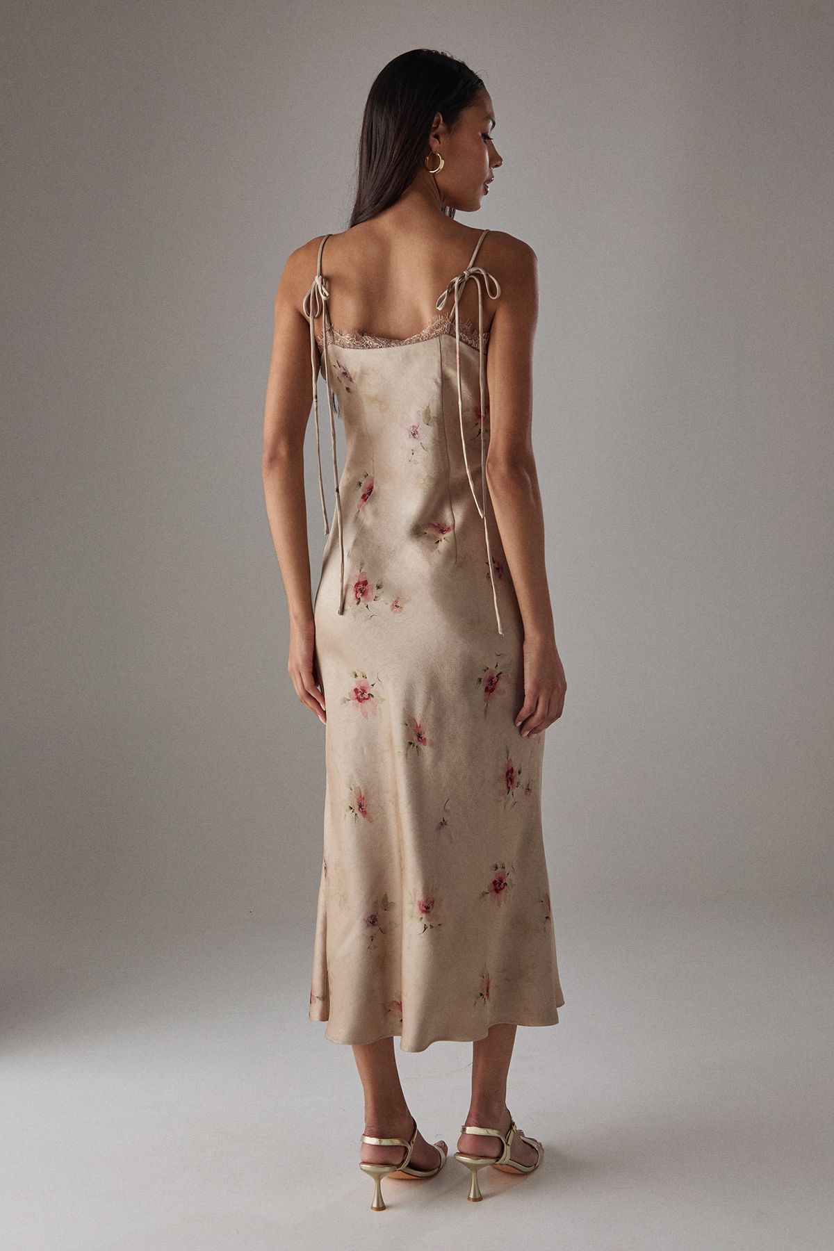 Warehouse Rose Satin Tie Strap Lace Detail Midi Slip Dress Floral image 3