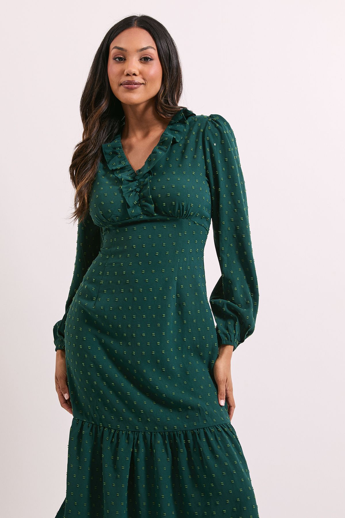 Dorothy Perkins Frill Sleeve Ruched Bodice Chiffon Midi Dress Green image 2