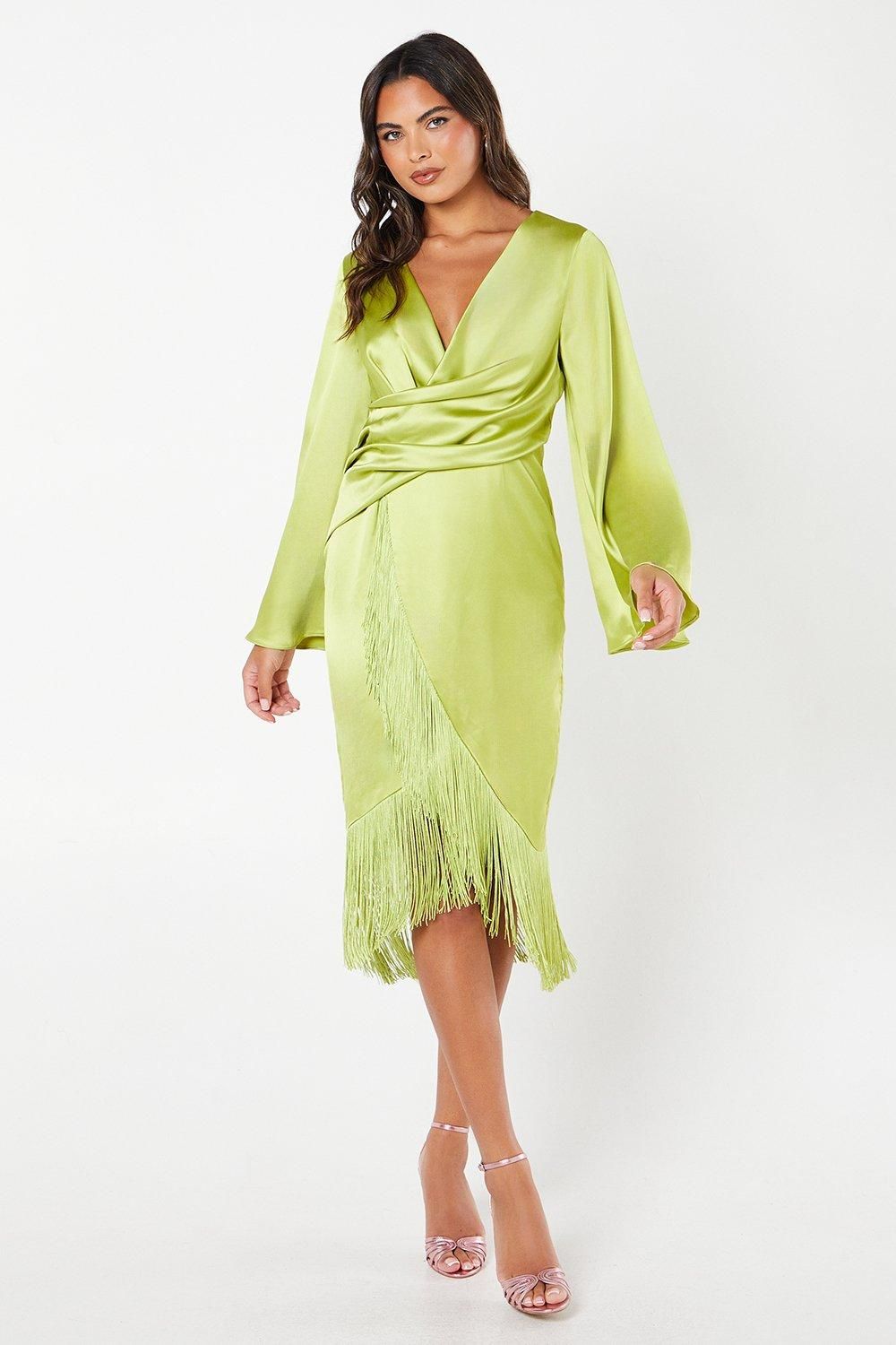 Coast Satin Fringe Hem Wrap Waist Midi Dress Chartreuse image 1