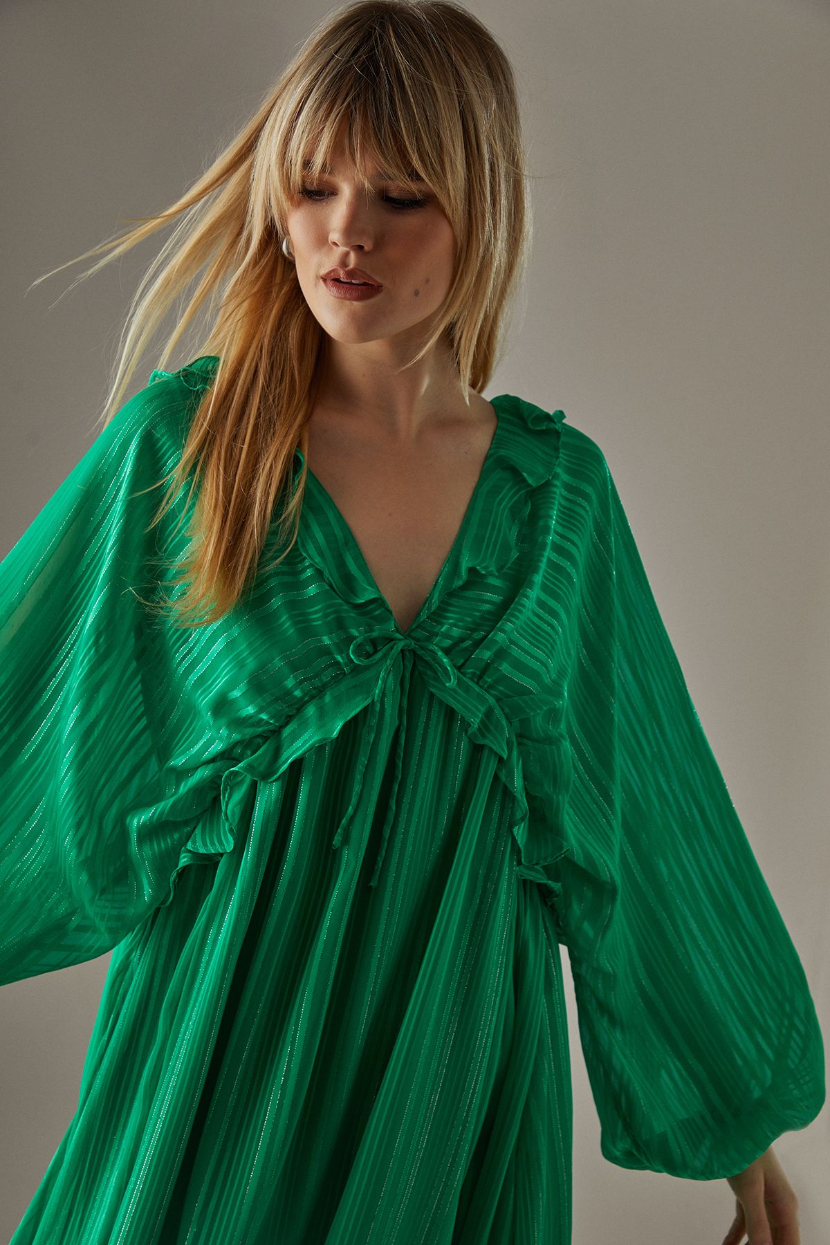 Warehouse Shadow Stripe Volume Sleeve Hanky Hem Midaxi Dress Green image 4
