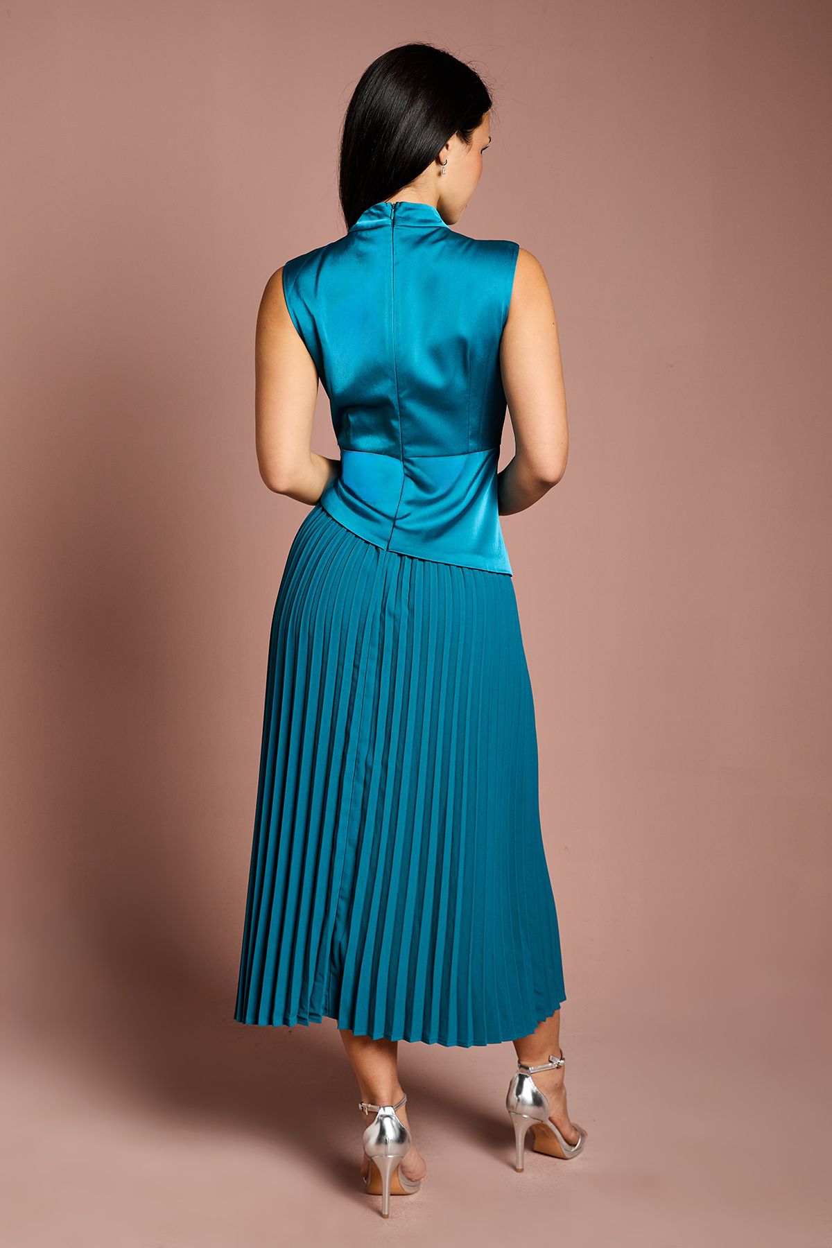Coast Petite Drape High Neck Pleated Skirt Midi Dress Teal image 3