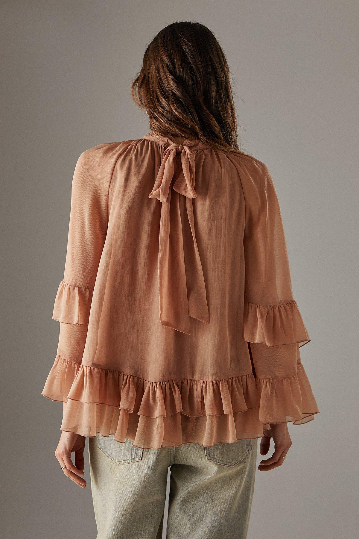 Warehouse Bow Back Ruffle Boho Top With Flared Sleeve Tan image 3