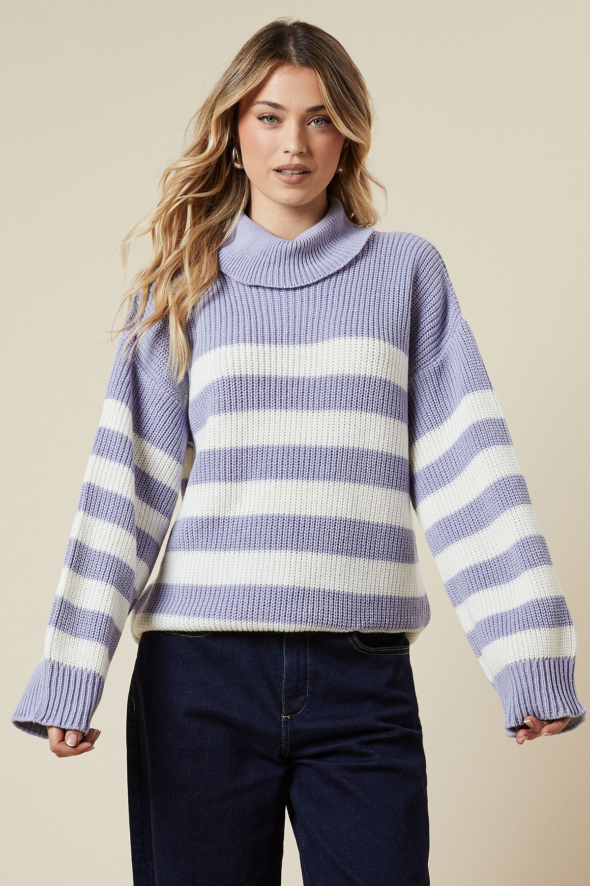 Dorothy Perkins Striped High Neck Oversized Jumper Lavender image 1