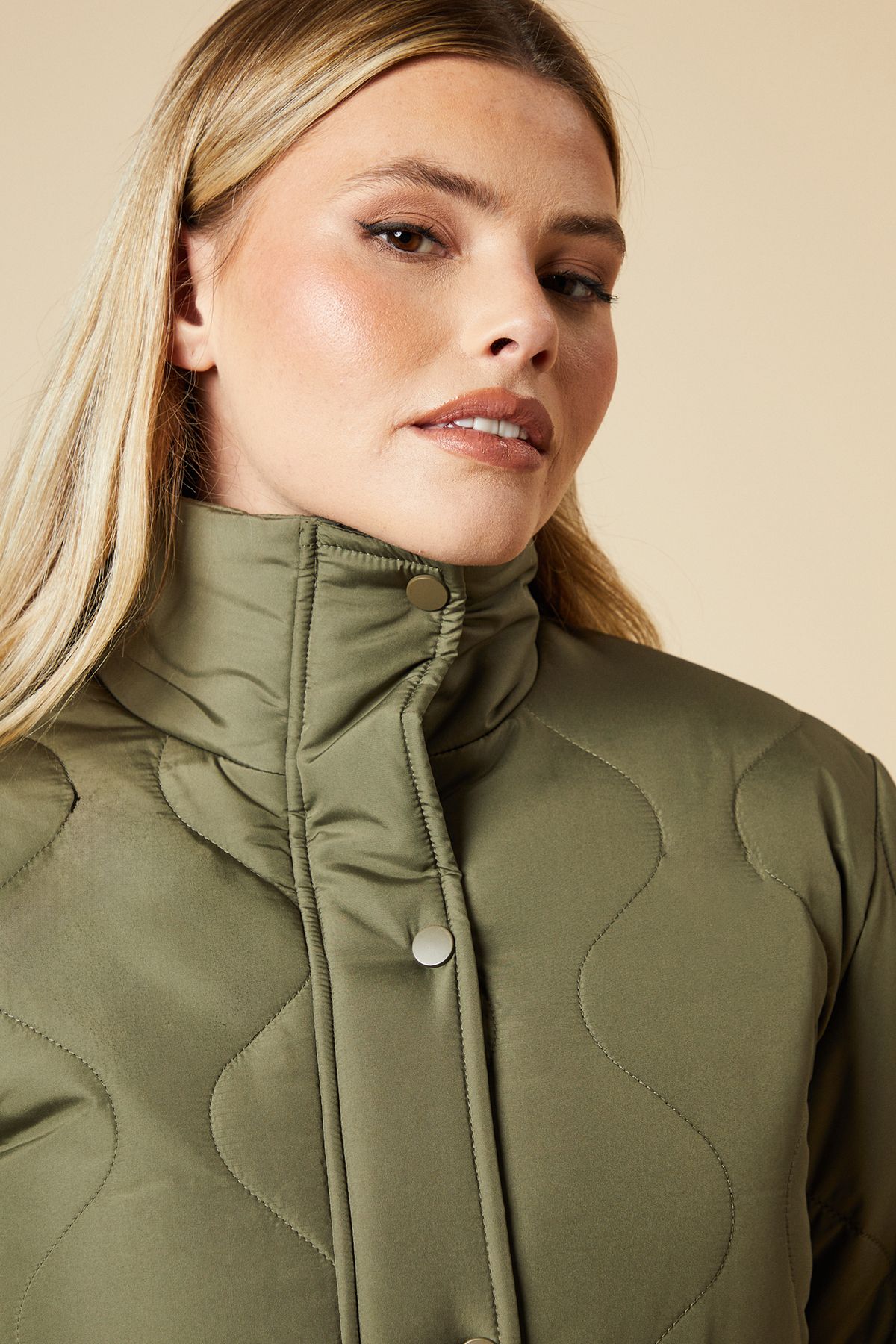 Dorothy Perkins Self Covered Button Quilted Padded Puffer Midi Coat Khaki image 4