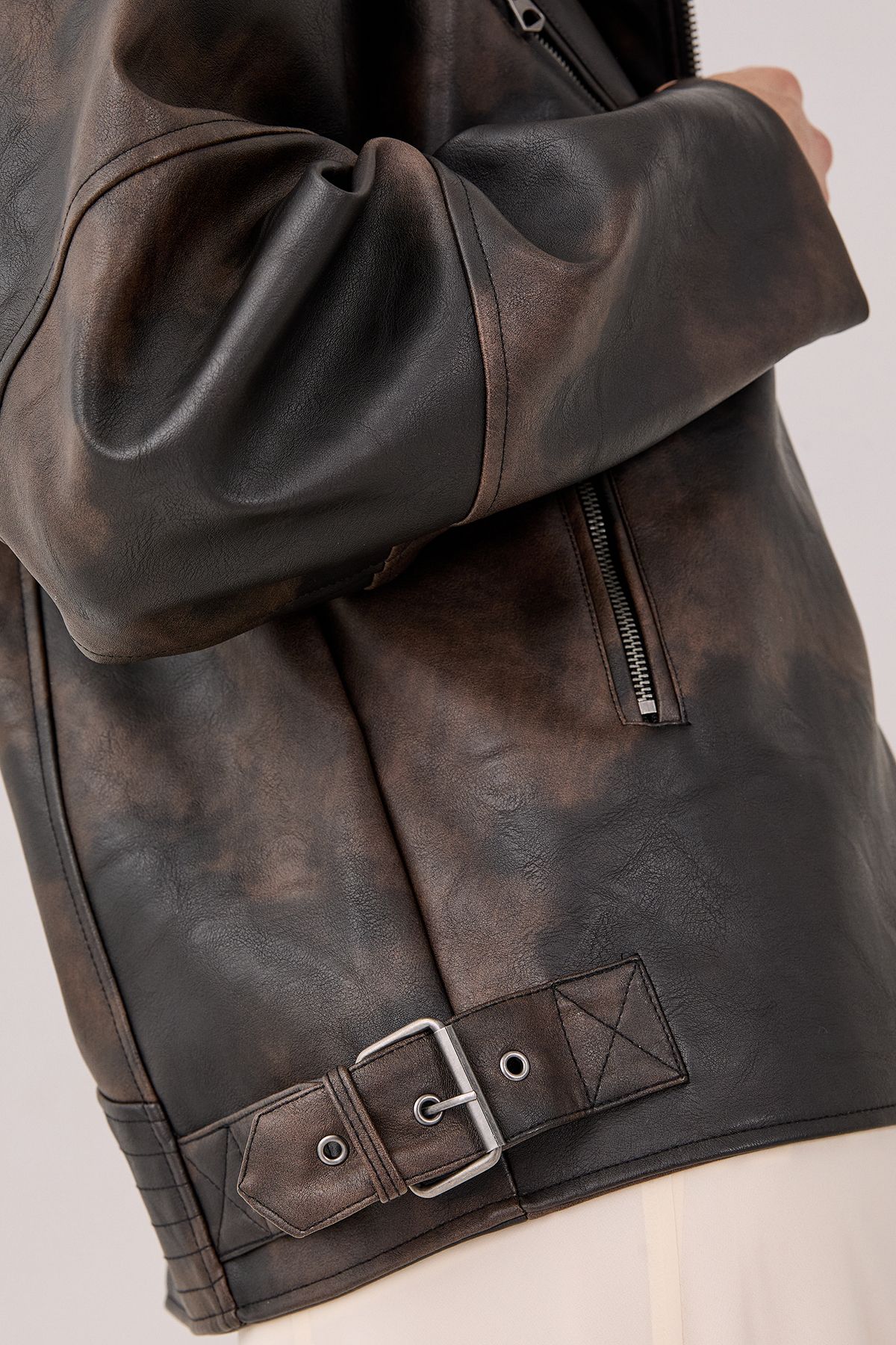 NastyGal Two Tone Faux Leather Biker Jacket Brown image 4