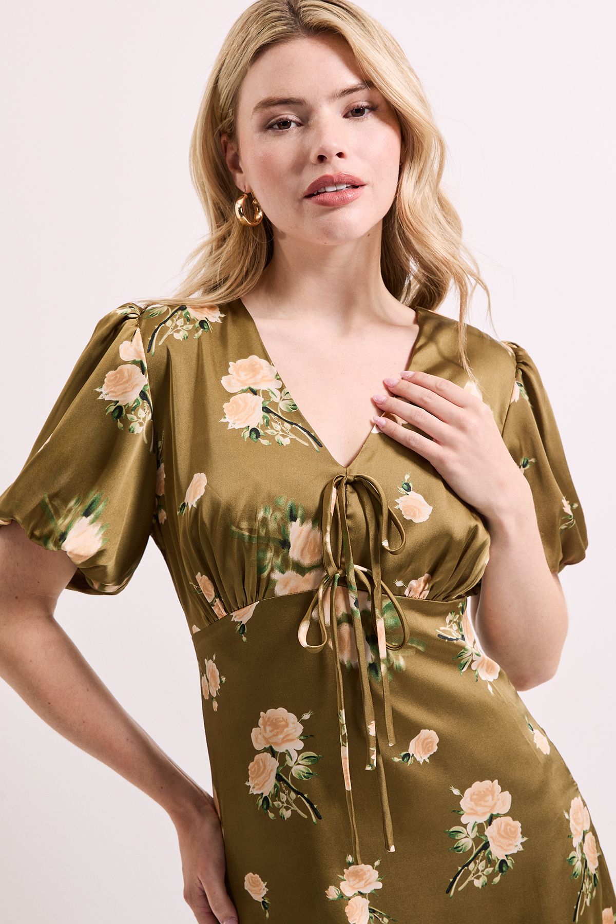 Dorothy Perkins Floral Tie Front Button Up Puff Sleeve Midi Dress Floral image 3