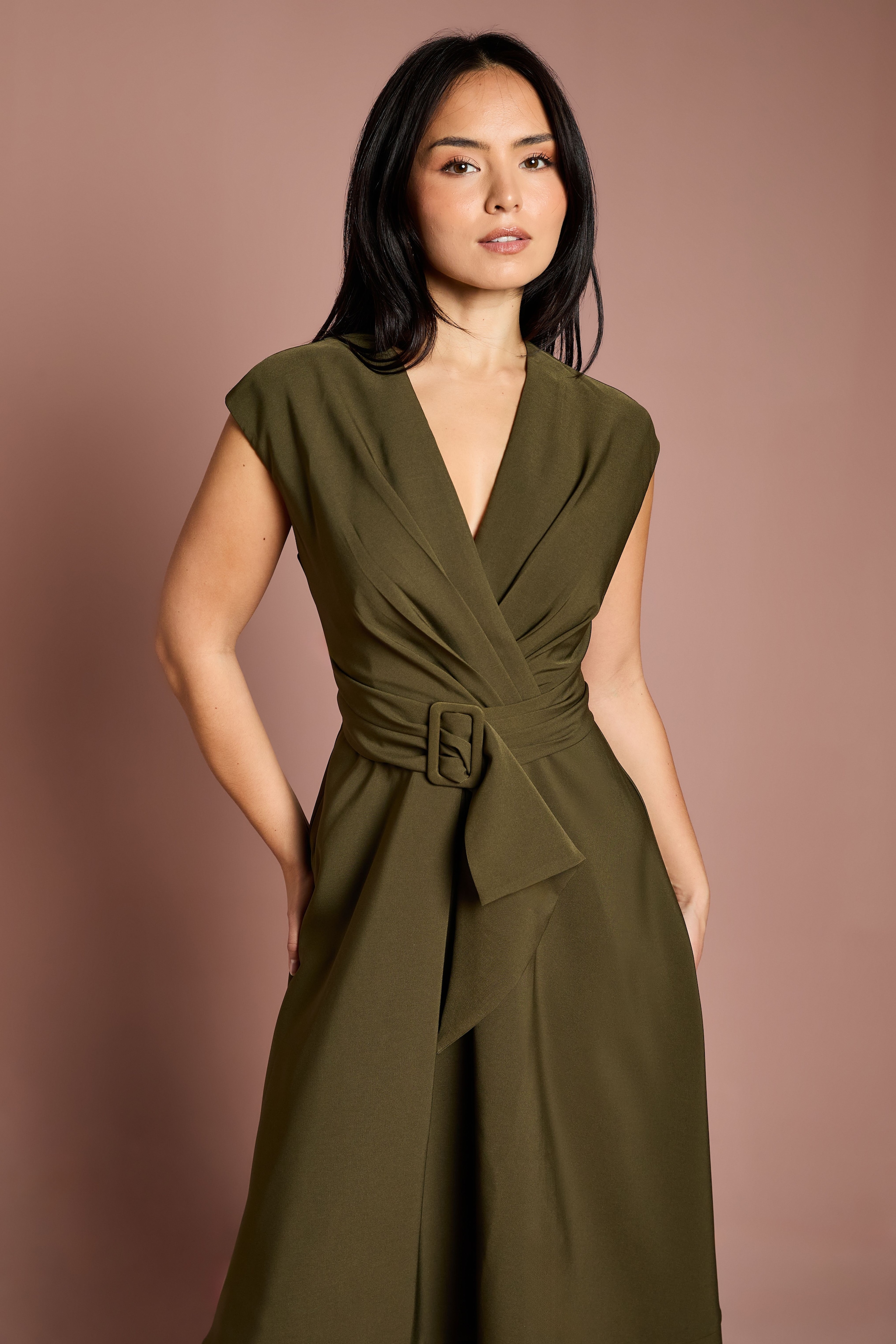 Coast Petite Belted Crepe Dress Olive image 2