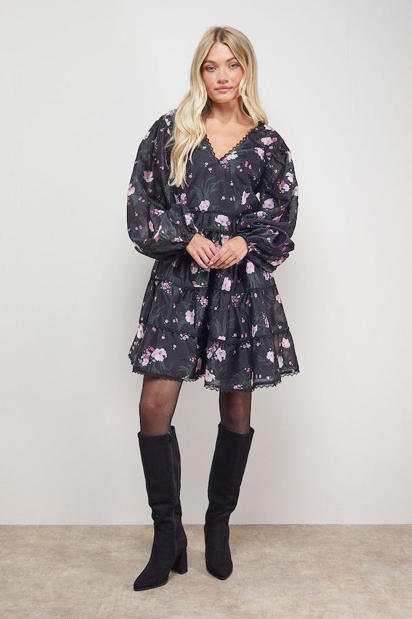 Oasis Printed Trim Detail V Neck Tiered Mini Dress Floral