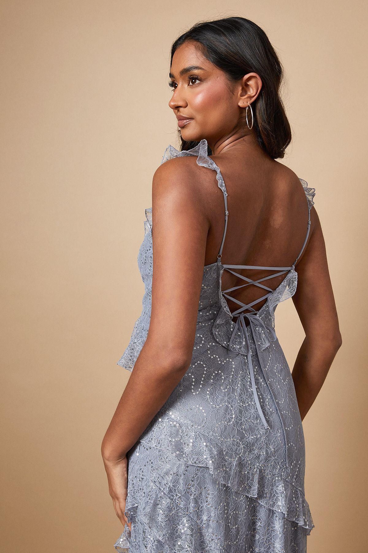 Oasis Sequin Lace Ruffle Detail Midaxi Dress Slate Grey image 5