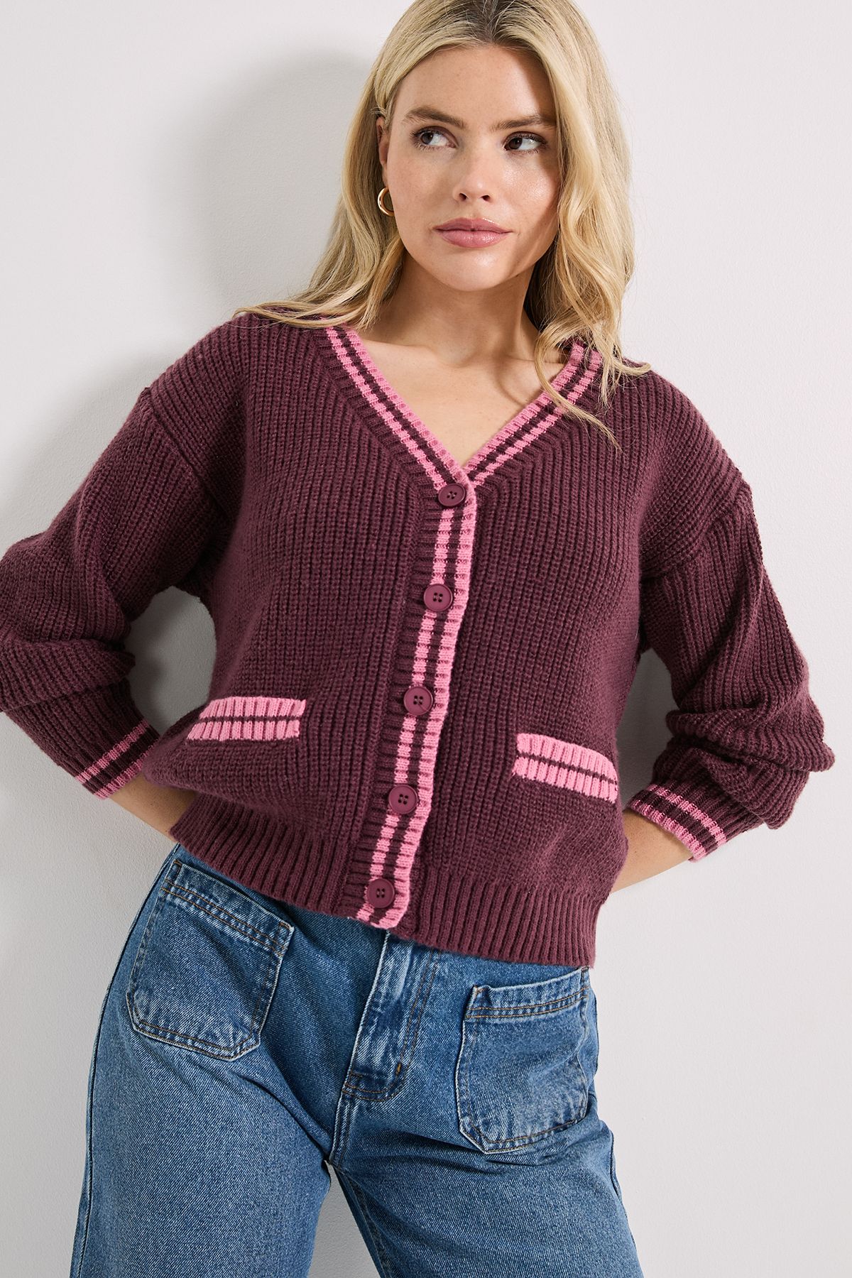 Dorothy Perkins Contrast Cricket Cardigan Burgundy image 2