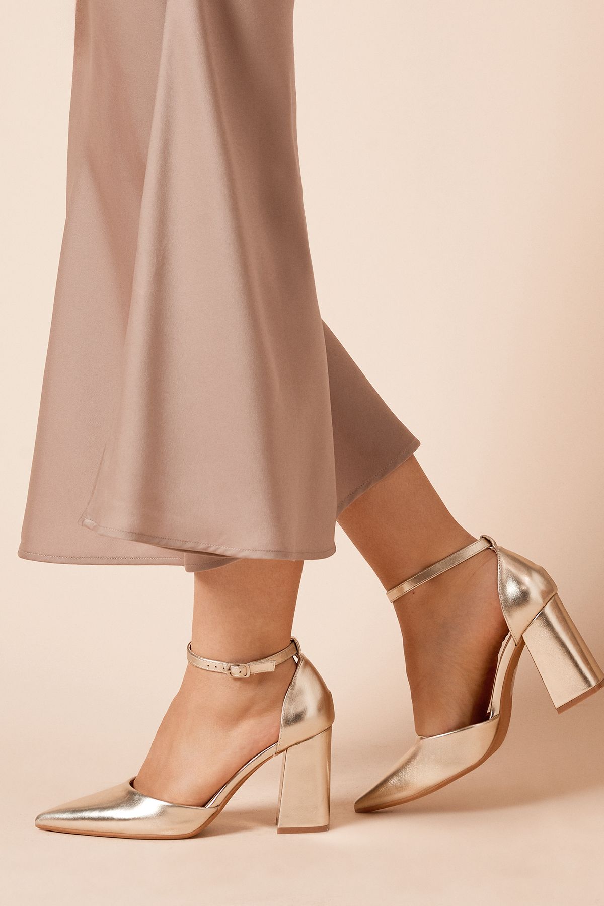 Dorothy Perkins Blanche Ankle Strap Pointed High Block Heel Court Shoes Gold image 3