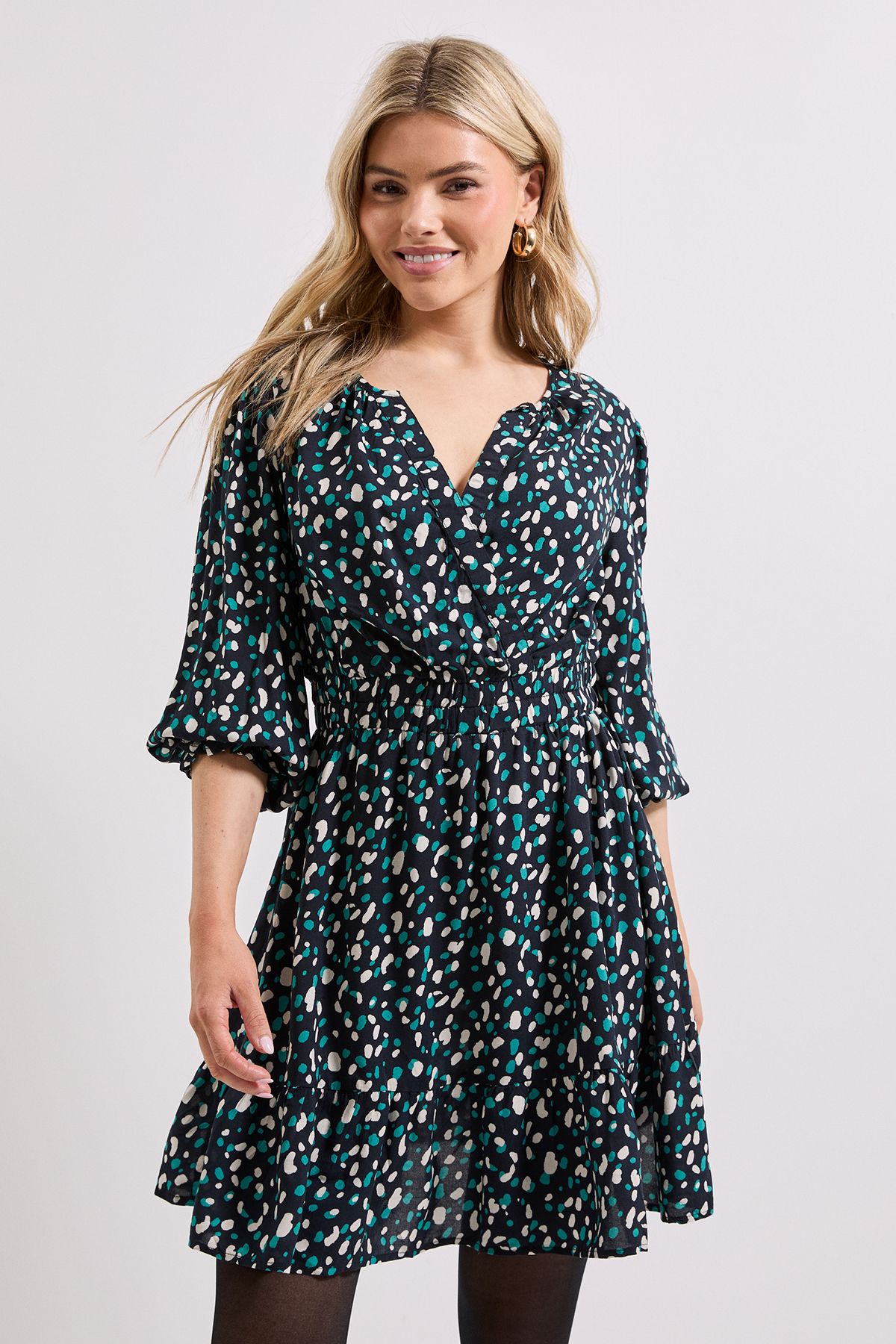 Dorothy Perkins Black Abstract Wrap Front Blouson Sleeve Mini Dress Black image 2