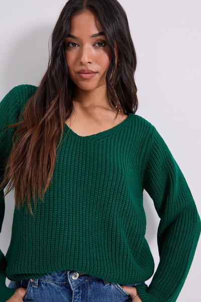 Dorothy Perkins Petite V Neck Knitted Jumper Green