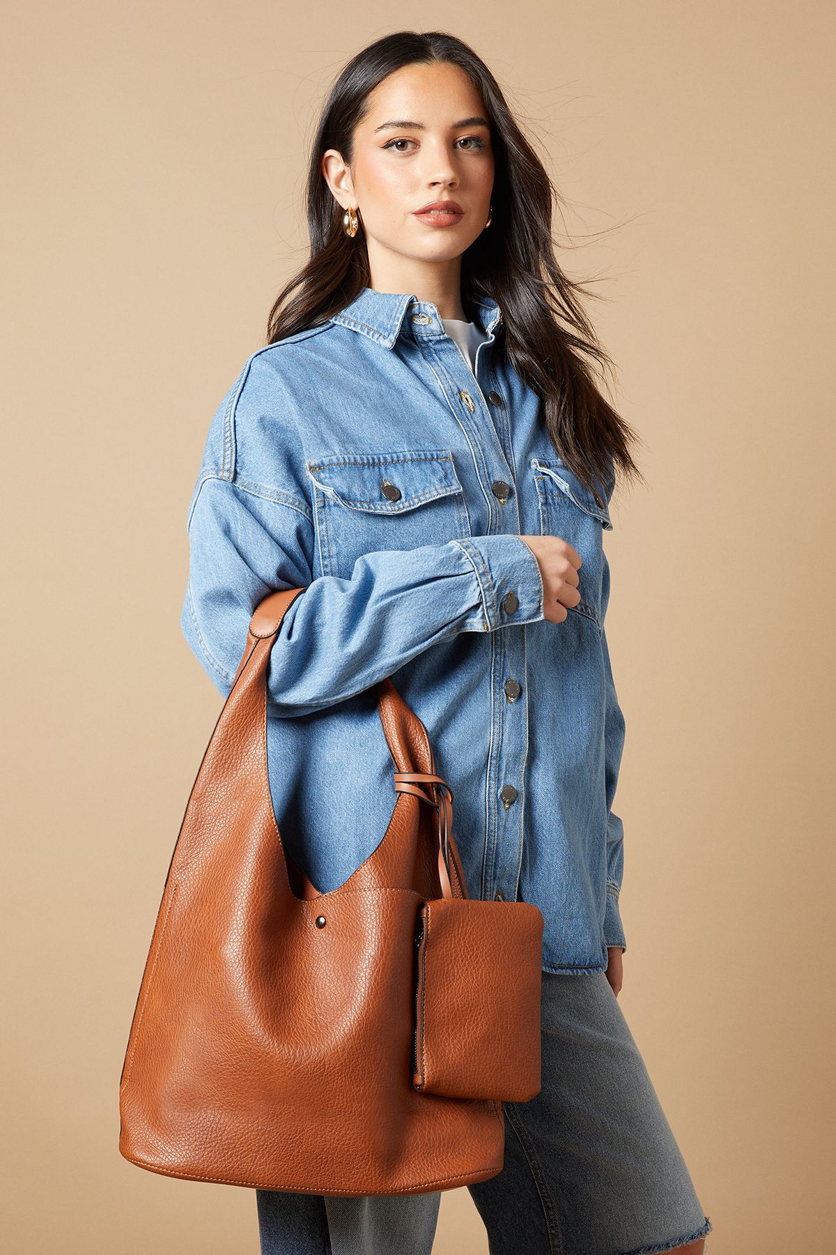 Oasis Jenna Faux Leather Slouch Bag With Pouch And Coin Purse Tan image 1