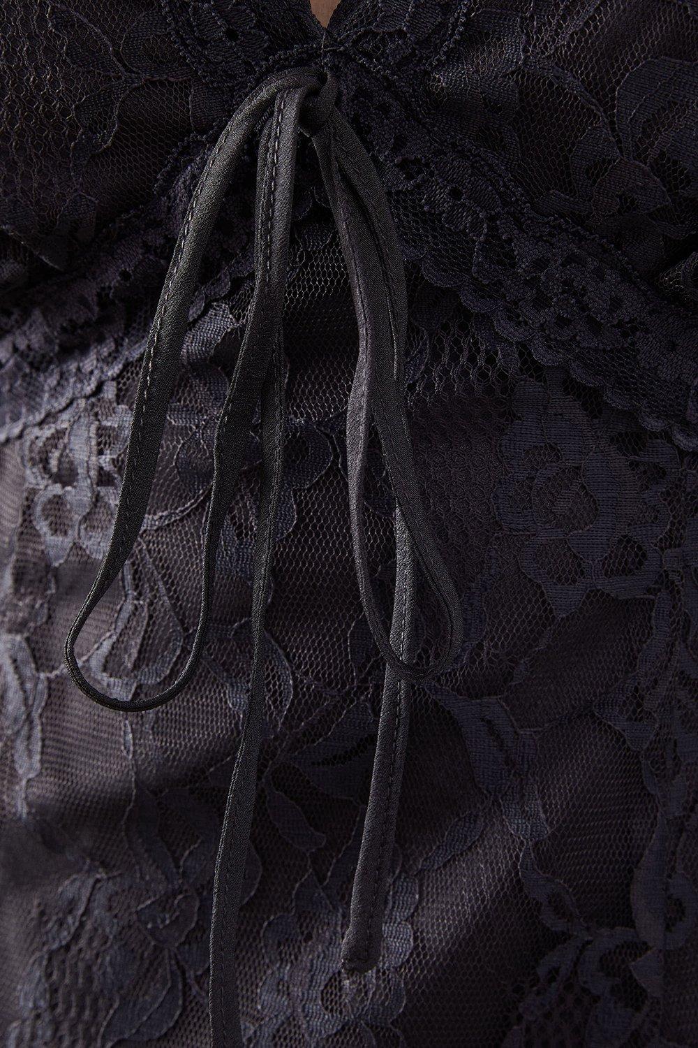 Warehouse Lace Cap Sleeve Bow Front Midi Tea Dress Charcoal image 5