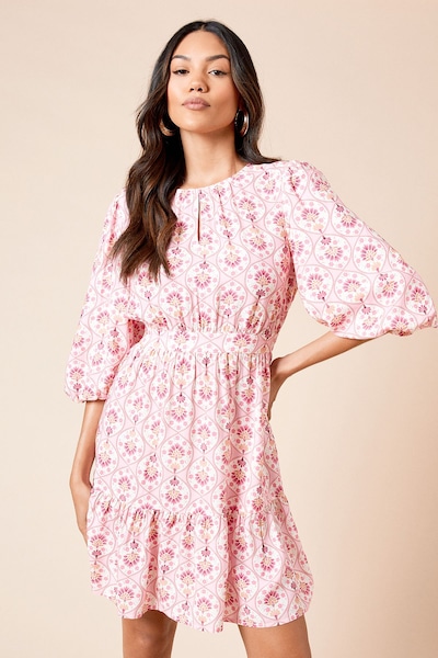 Dorothy Perkins Pink Keyhole Puff Sleeve Tiered Mini Dress Pink