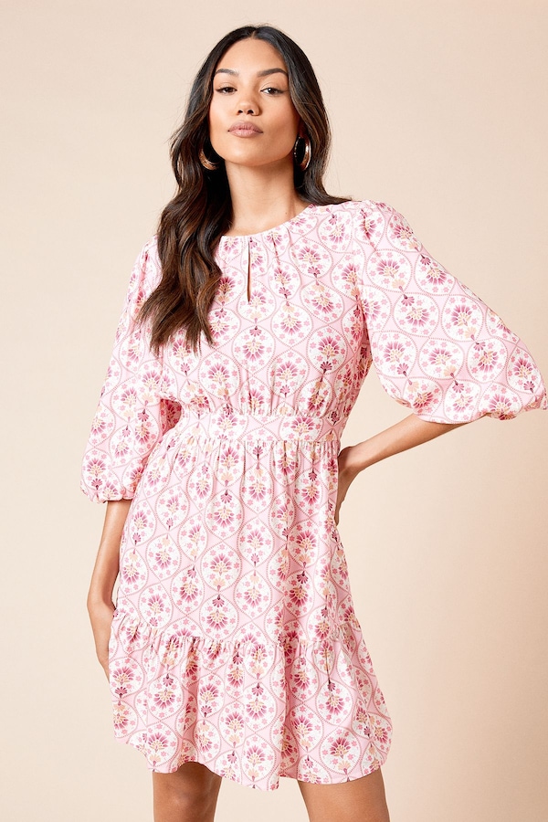 Dorothy Perkins Pink Keyhole Puff Sleeve Tiered Mini Dress Pink