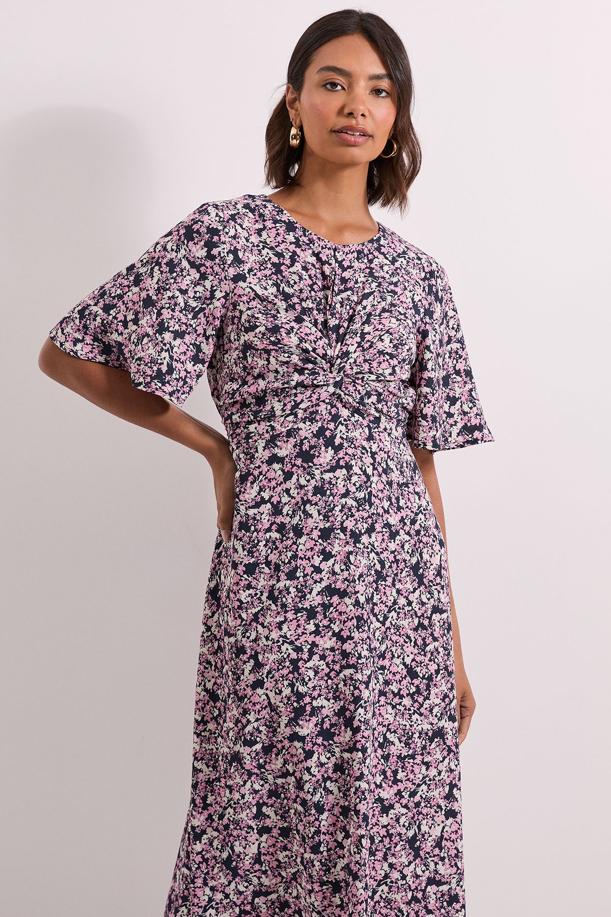 Dorothy Perkins Floral Pink Floral Twist Front Angel Sleeve Midi