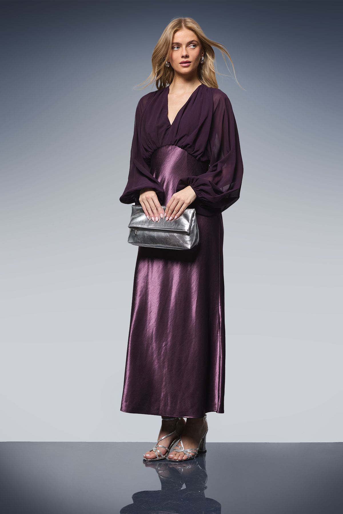 Oasis Plain Balloon Sleeve V Neck Satin Chiffon Mix Midaxi Dress Plum image 1