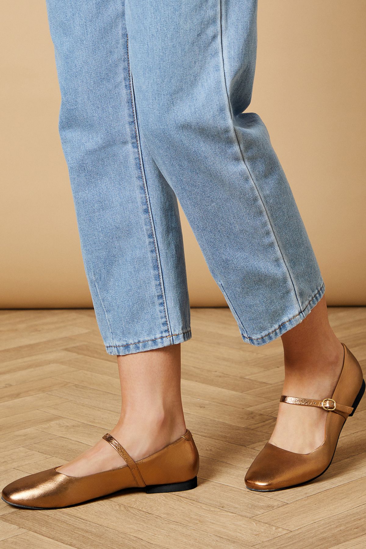 Oasis Belle Real Leather Mary Jane Square Toe Ballet Pumps Gold image 1