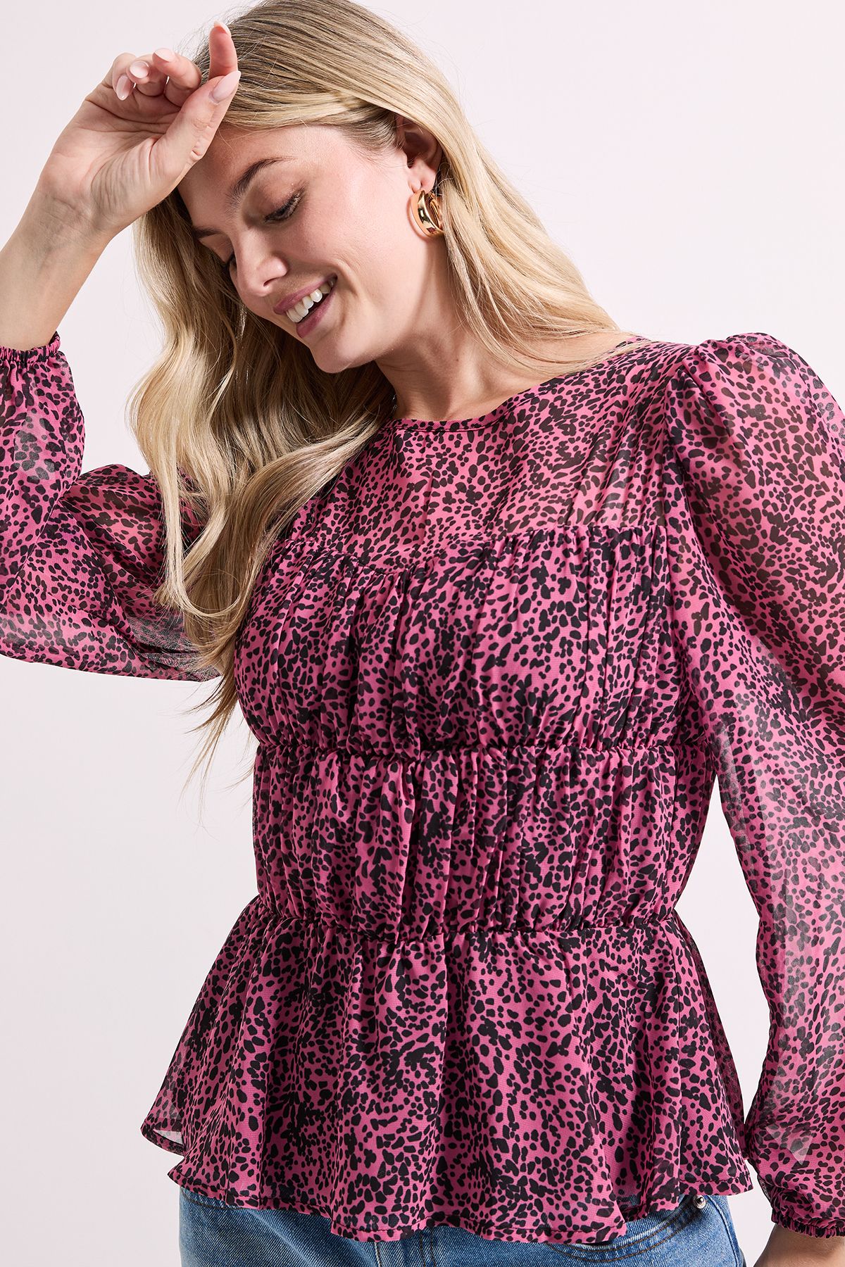 Dorothy Perkins Animal Sheer Yoke Printed Chiffon Shirred Top Animal image 3