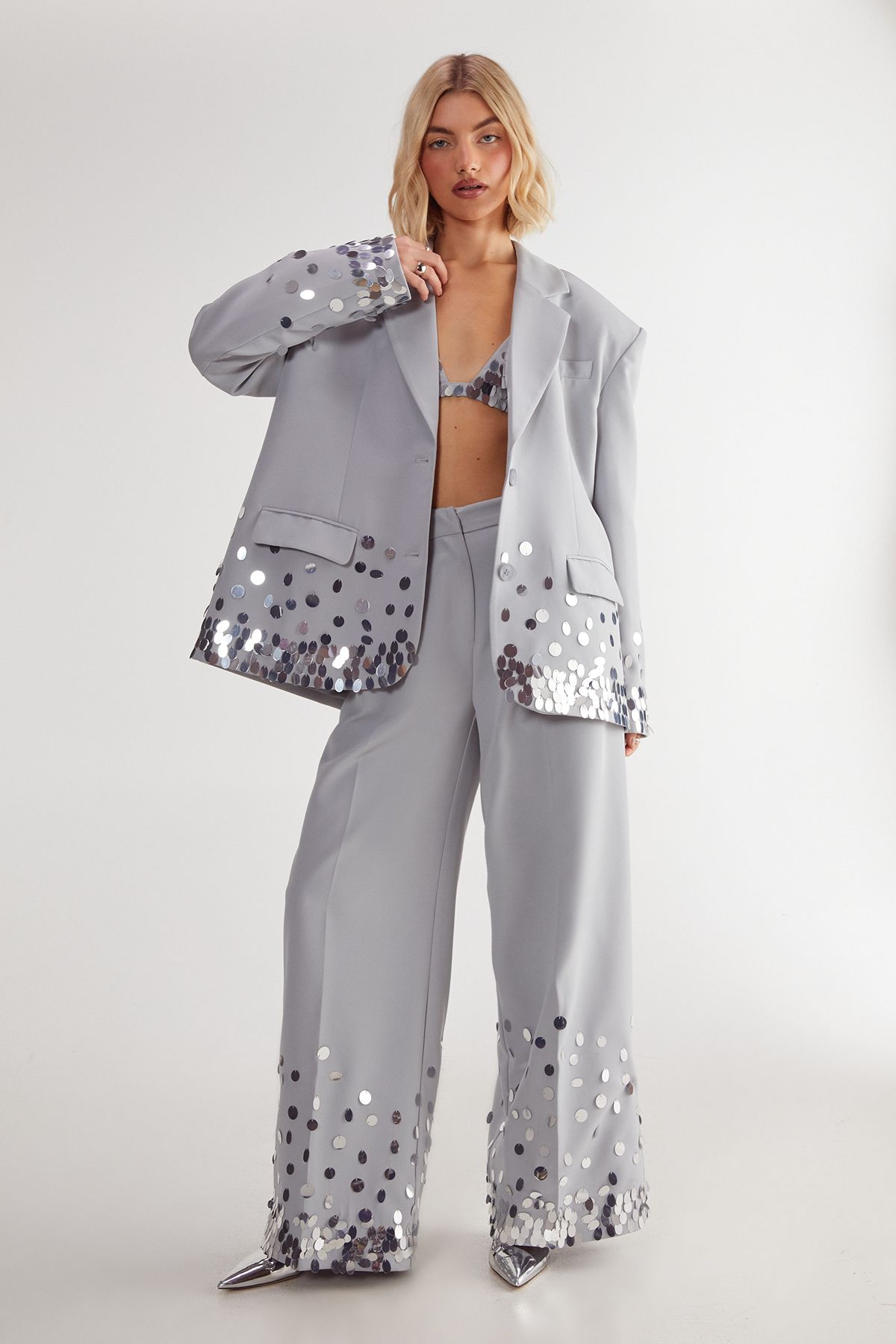 NastyGal Hand Embellished Ombre Sequin Blazer Grey image 3