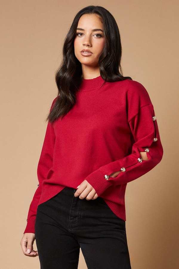 Oasis Button Down Sleeve High Neck Jumper Red