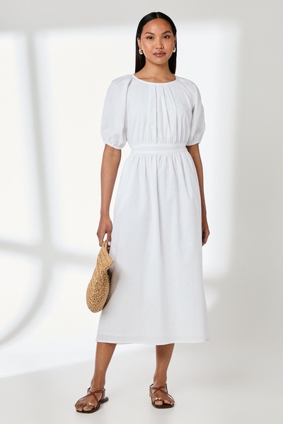 Principles Puff Sleeve Waistband Detail Midi Dress White