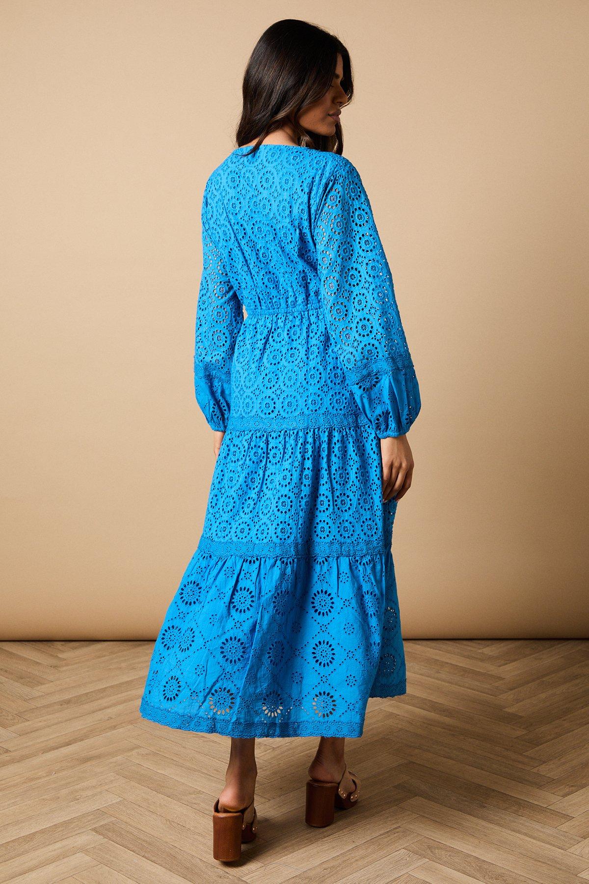 Oasis Petite Broderie Trim Detail Puff Sleeve Midi Dress Cobalt image 3