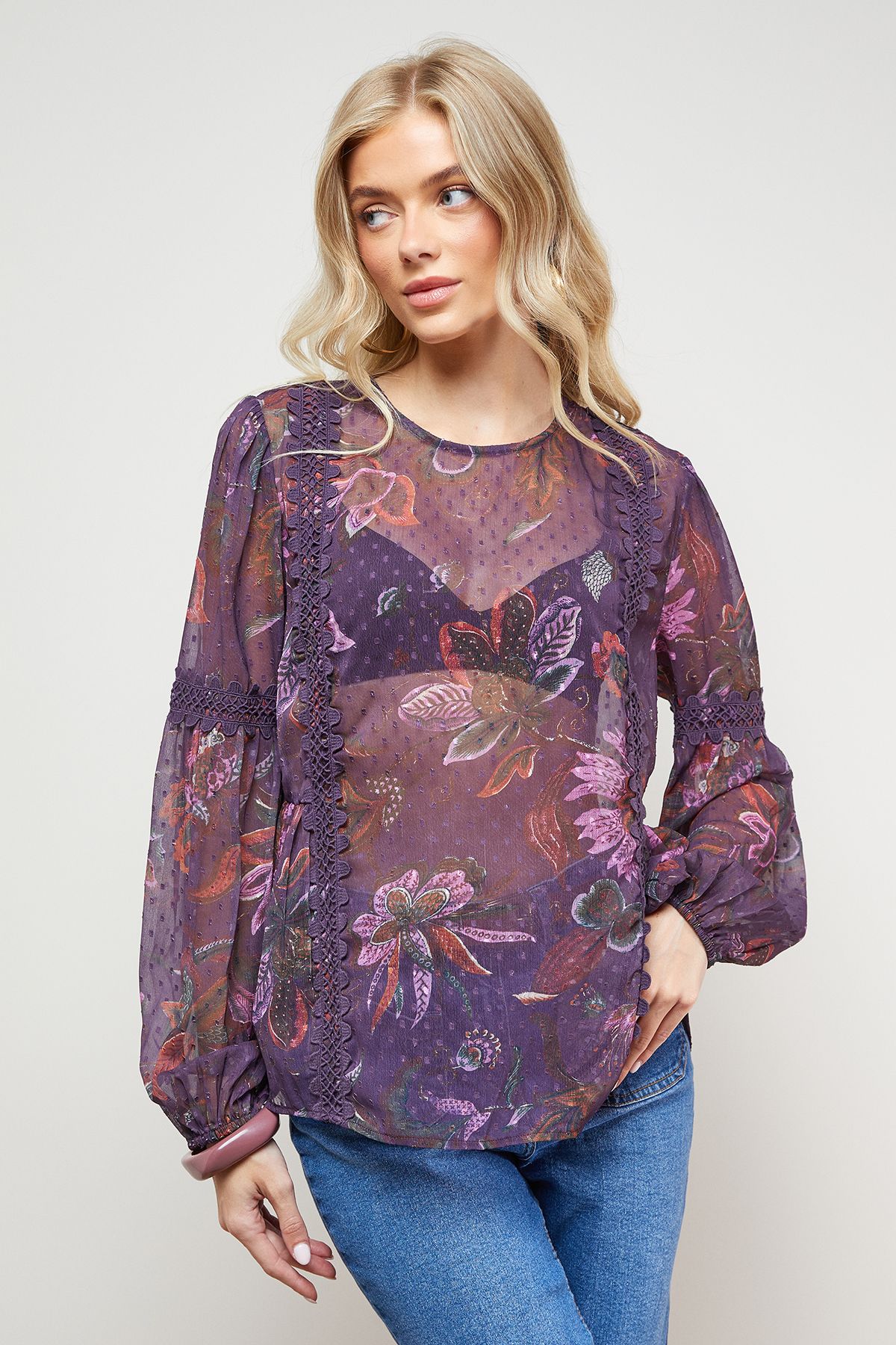 Oasis Printed Lace Detail Dobby Chiffon Blouse Multi image 2