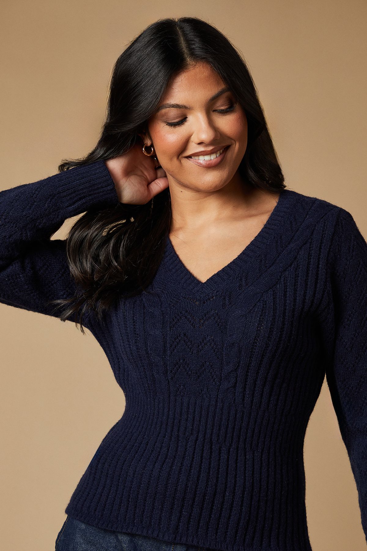 Oasis Pointelle And Cable Peplum V Neck Jumper Navy image 4