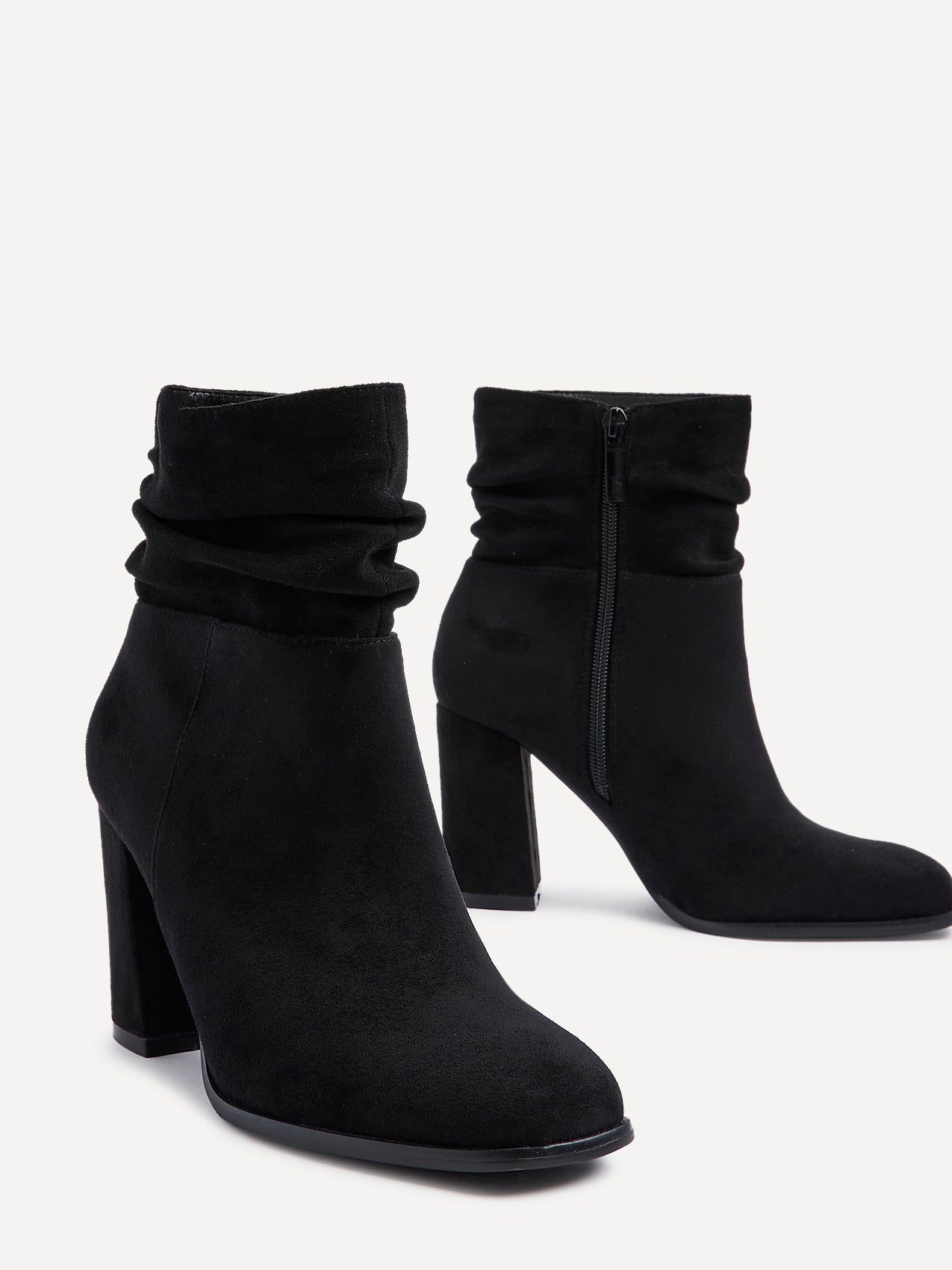 Linzi Mila Black Faux Suede Ruched Square Toe Block Heeled Ankle Boot image 4