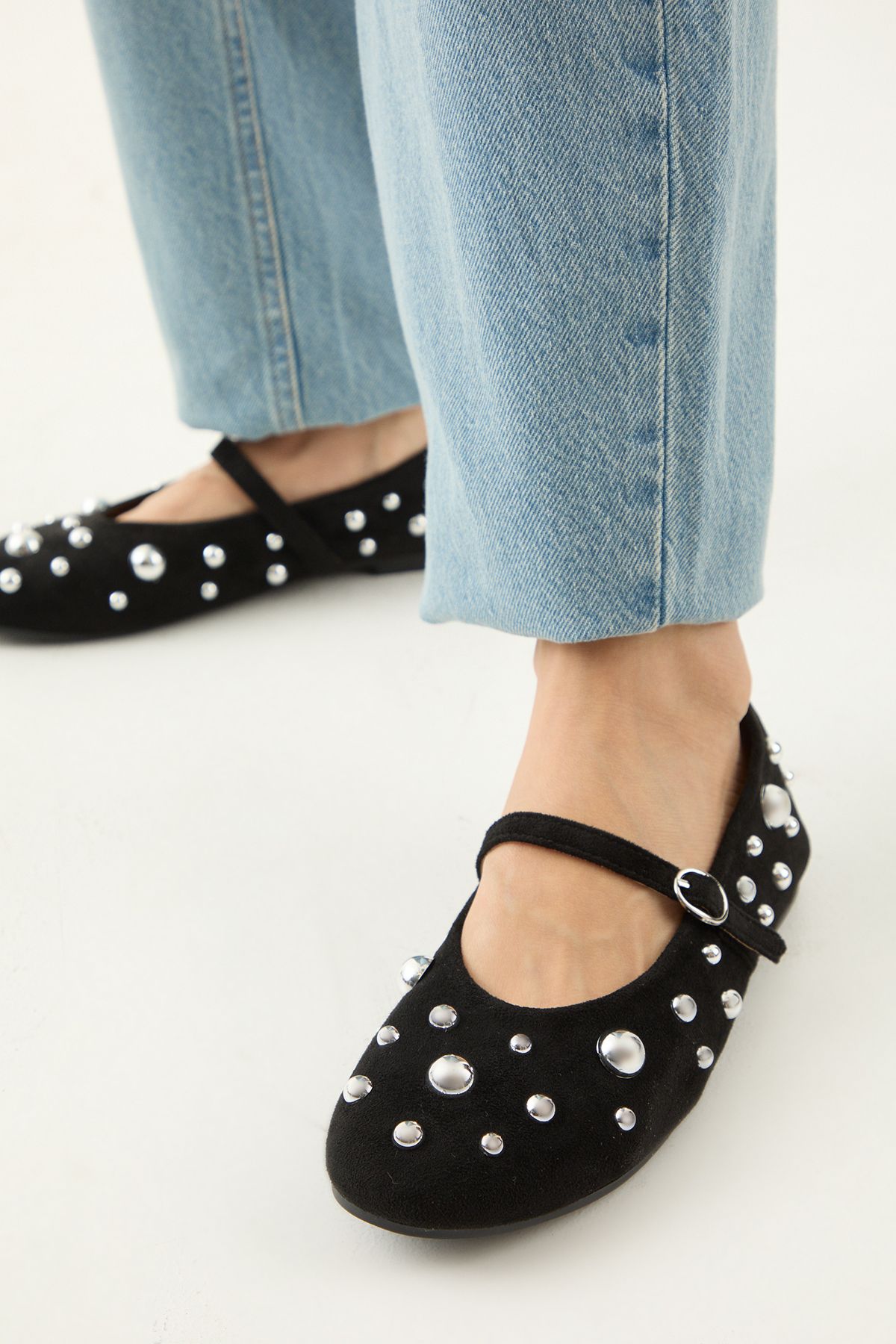 MissPap Faux Suede Studded Mary Jane Ballerinas Natural Black image 4