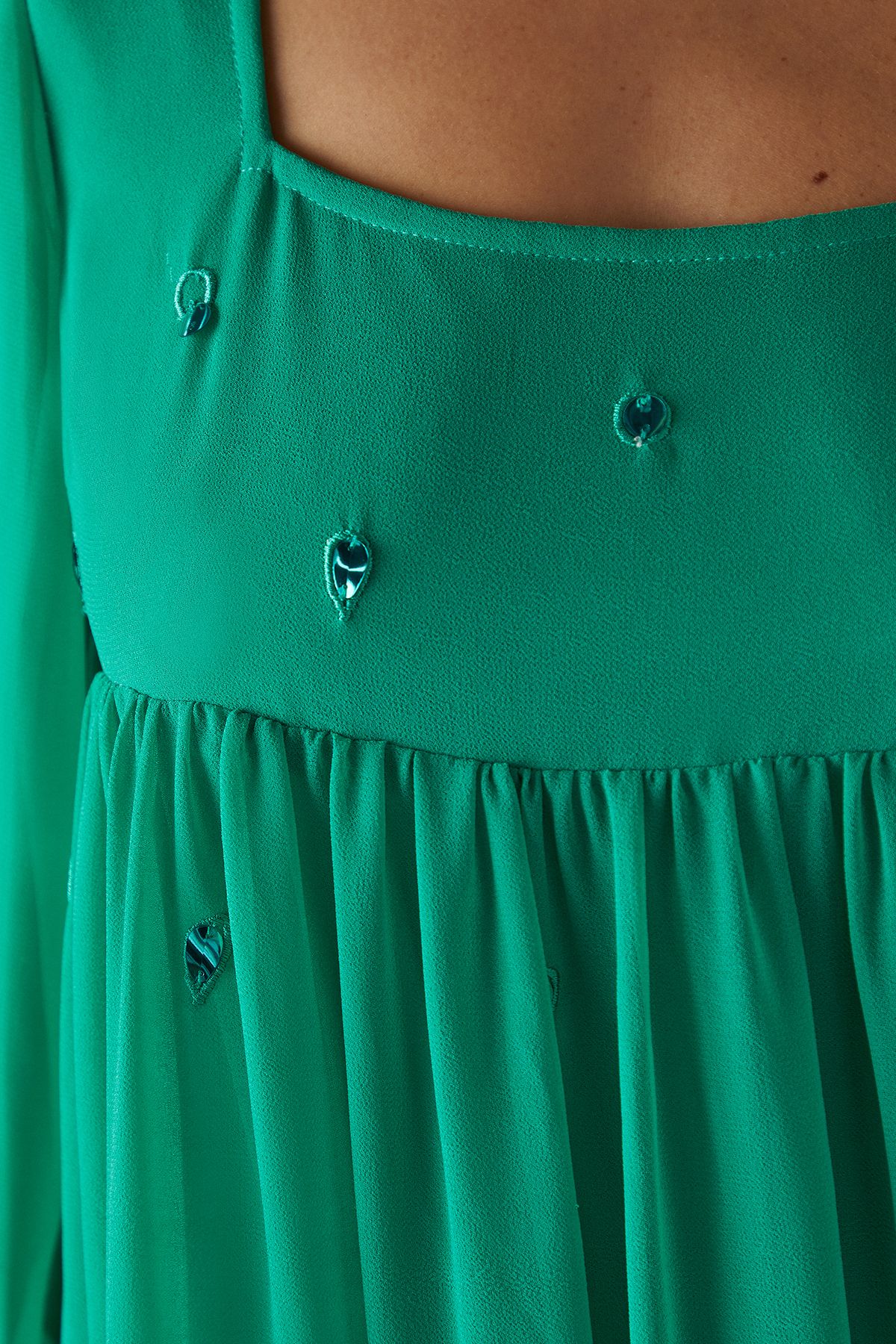 Warehouse Hand Embellished Sequin Square Neck Mini Dress Green image 5