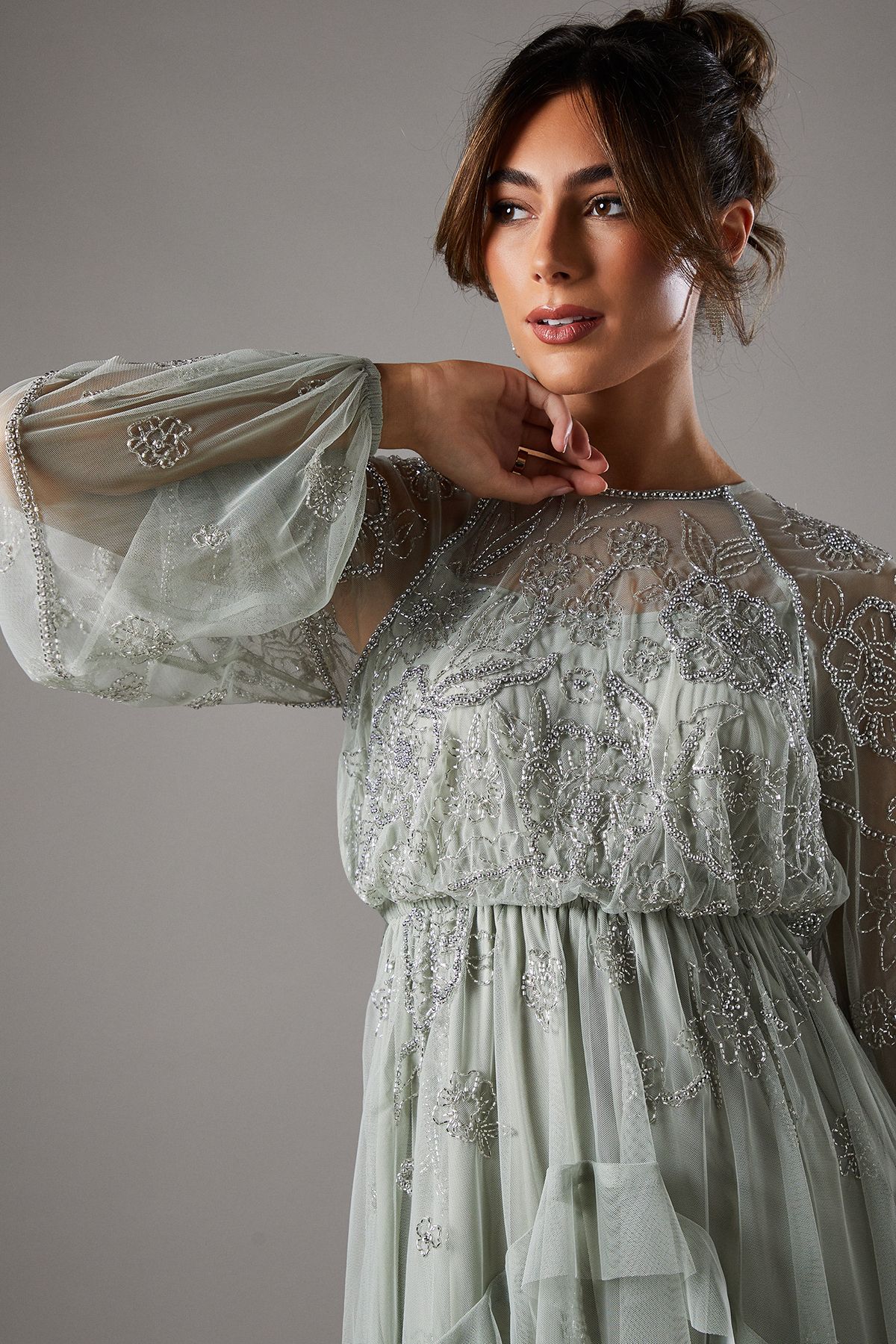 Coast Embellished Frill Chiffon Maxi Dress Sage Silver image 3